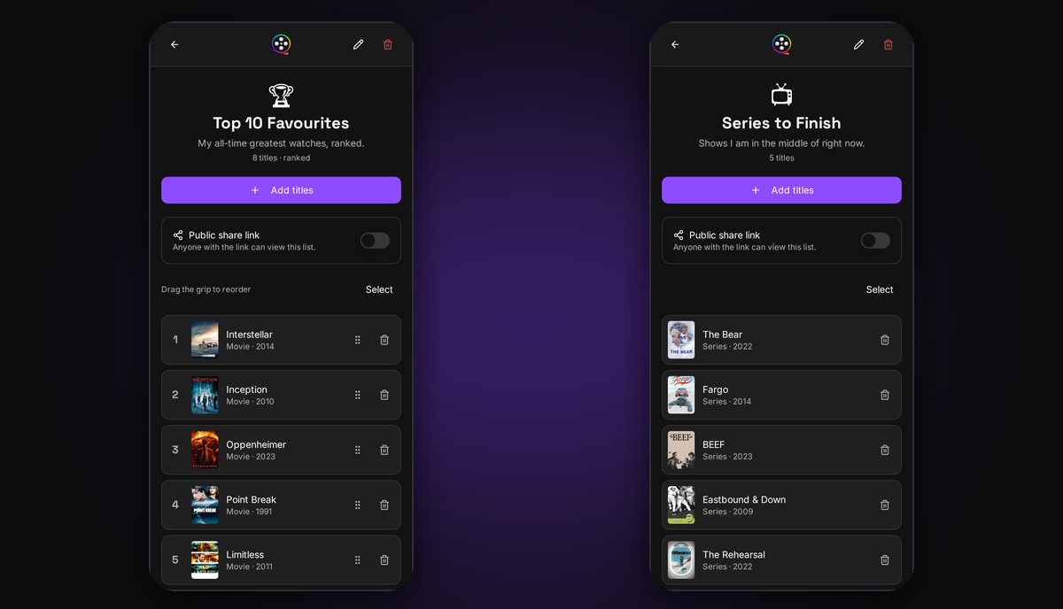 FlickTrackr custom lists with emoji icons, ranked ordering and public sharing