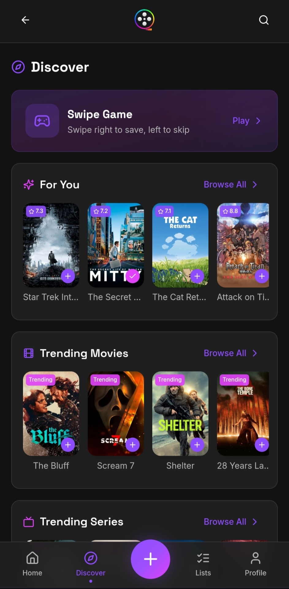 FlickTrackr Discover page – browse trending movies, series, and play the Swipe Game