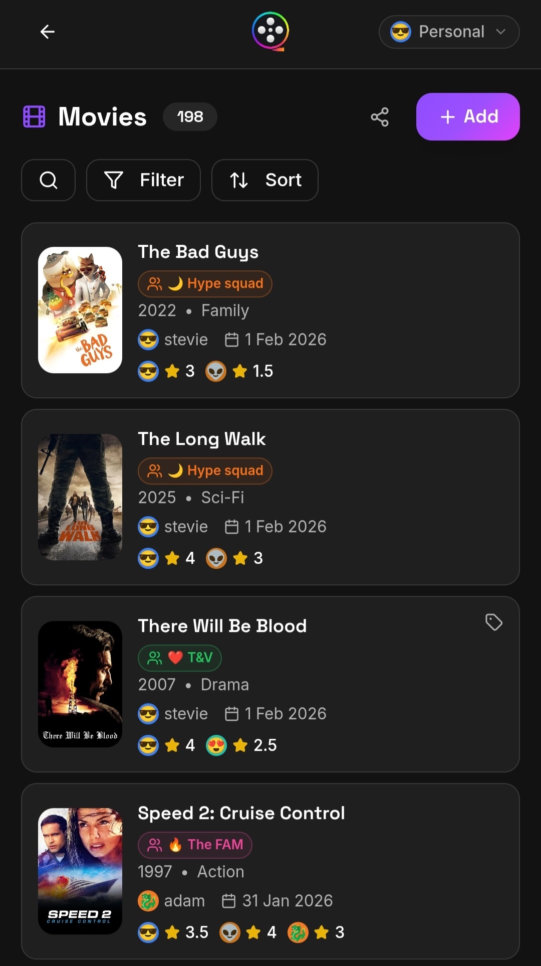FlickTrackr movie list showing tracked movies with ratings, watch parties, and participant scores