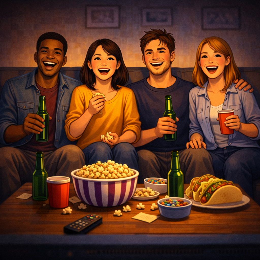 Group of friends enjoying a watch party with popcorn, drinks, and snacks on movie night