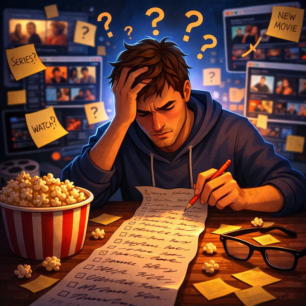 Overwhelmed man looking at a long movie list – how to manage your watchlist